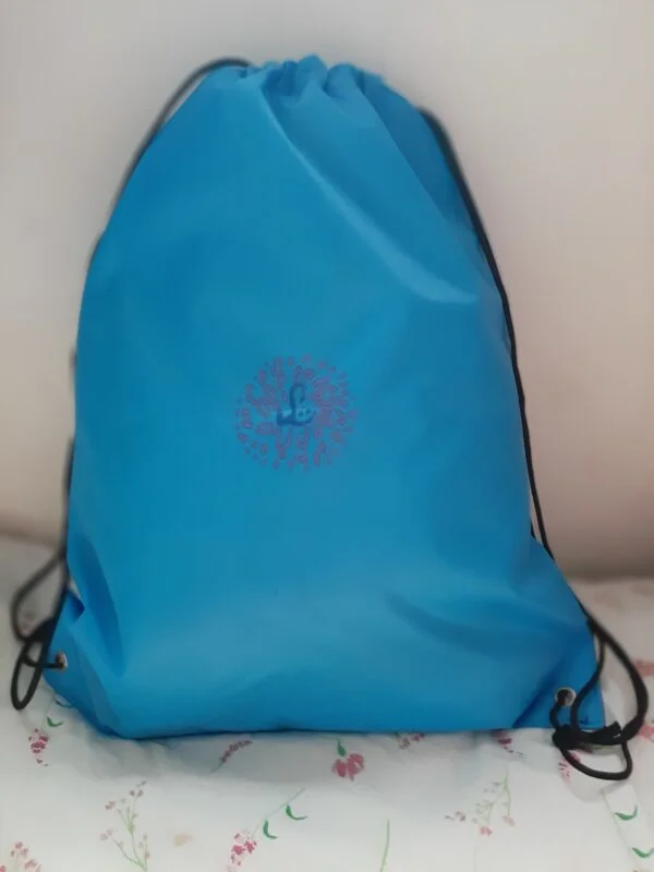 Blue drawstring bag showing hand-painted copyright image design