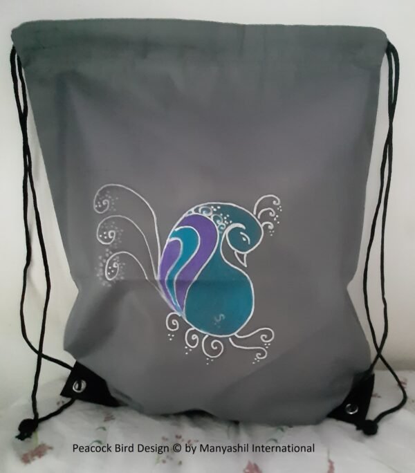 grey drawstring bag with copyright hand coloured peacock