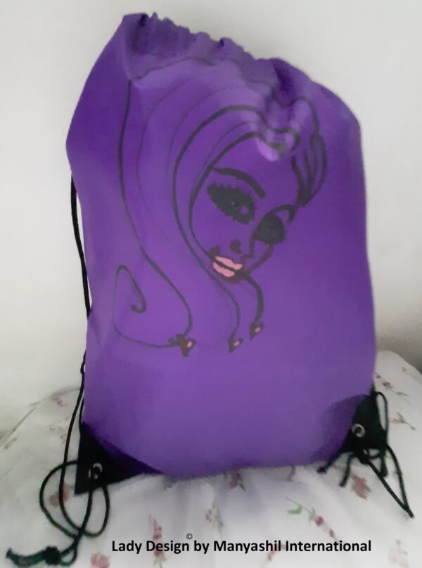 violet/lilac drawstring bag with copyright lady drawing